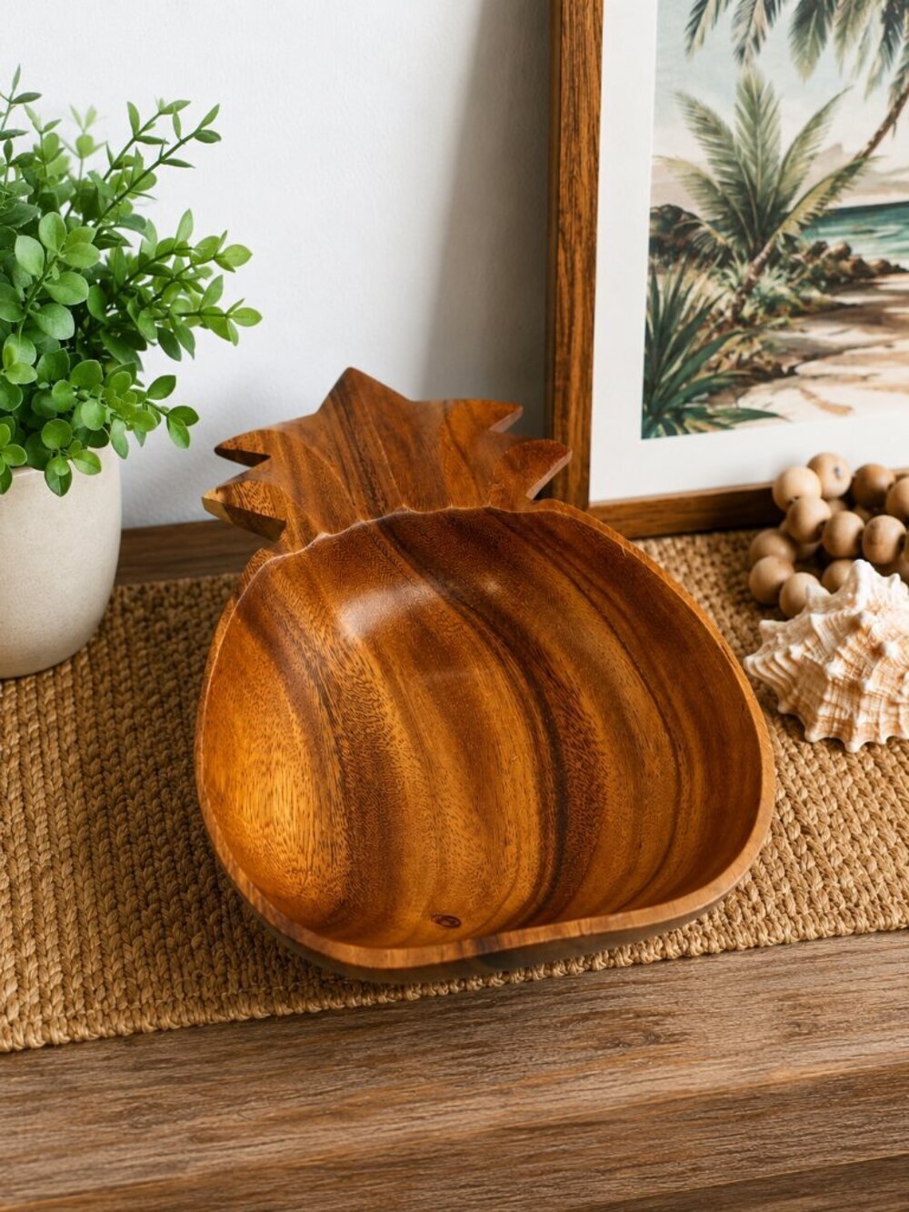 Vintage Hand Carved Wooden Pineapple Bowl | Tropical Acacia Wood Serving Dish